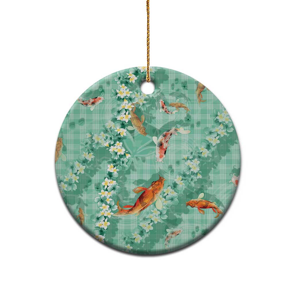 Green Palaka Hawaiian And Japanese Ceramic Ornament Sakura Lei With Koi Fish - Polynesian Pride