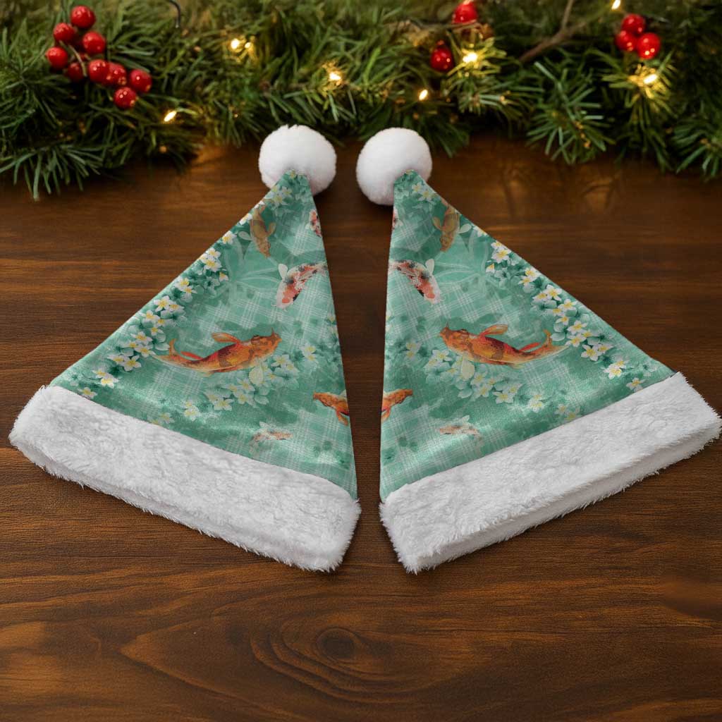 Green Palaka Hawaiian And Japanese Christmas Santa Hat Sakura Lei With Koi Fish - Polynesian Pride