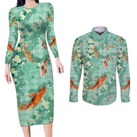 Green Palaka Hawaiian And Japanese Couples Matching Long Sleeve Bodycon Dress and Long Sleeve Button Shirt Sakura Lei With Koi Fish DT05 Green - Polynesian Pride