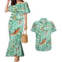 Green Palaka Hawaiian And Japanese Couples Matching Mermaid Dress and Hawaiian Shirt Sakura Lei With Koi Fish DT05 Green - Polynesian Pride
