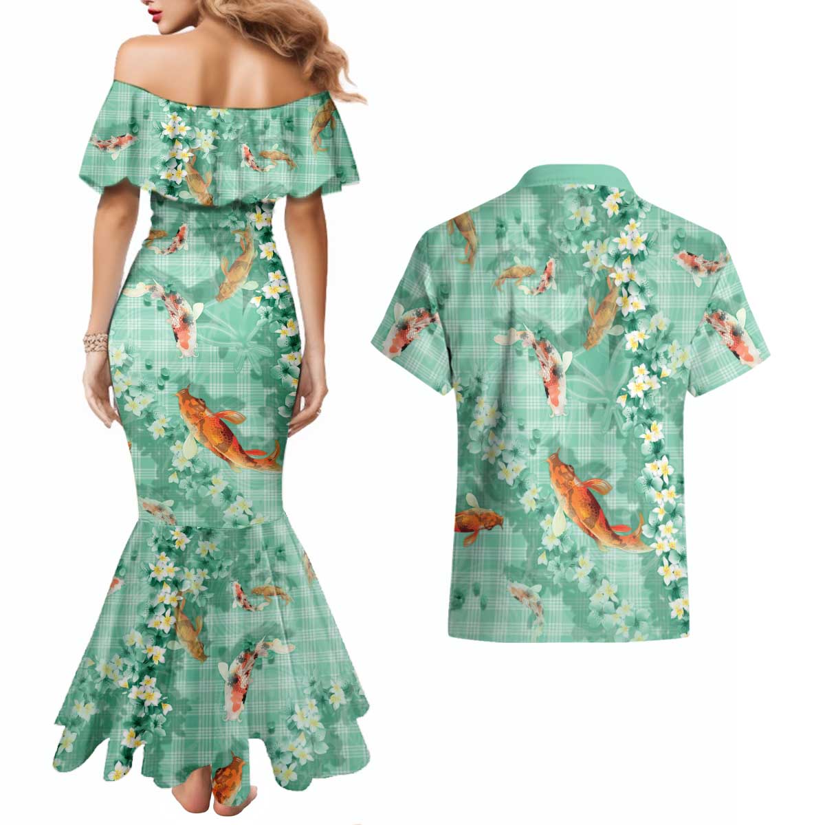 Green Palaka Hawaiian And Japanese Couples Matching Mermaid Dress and Hawaiian Shirt Sakura Lei With Koi Fish DT05 - Polynesian Pride