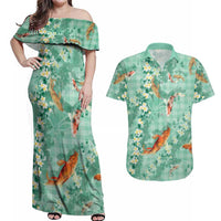 Green Palaka Hawaiian And Japanese Couples Matching Off Shoulder Maxi Dress and Hawaiian Shirt Sakura Lei With Koi Fish DT05 Green - Polynesian Pride