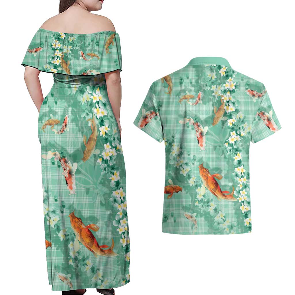 Green Palaka Hawaiian And Japanese Couples Matching Off Shoulder Maxi Dress and Hawaiian Shirt Sakura Lei With Koi Fish DT05 - Polynesian Pride
