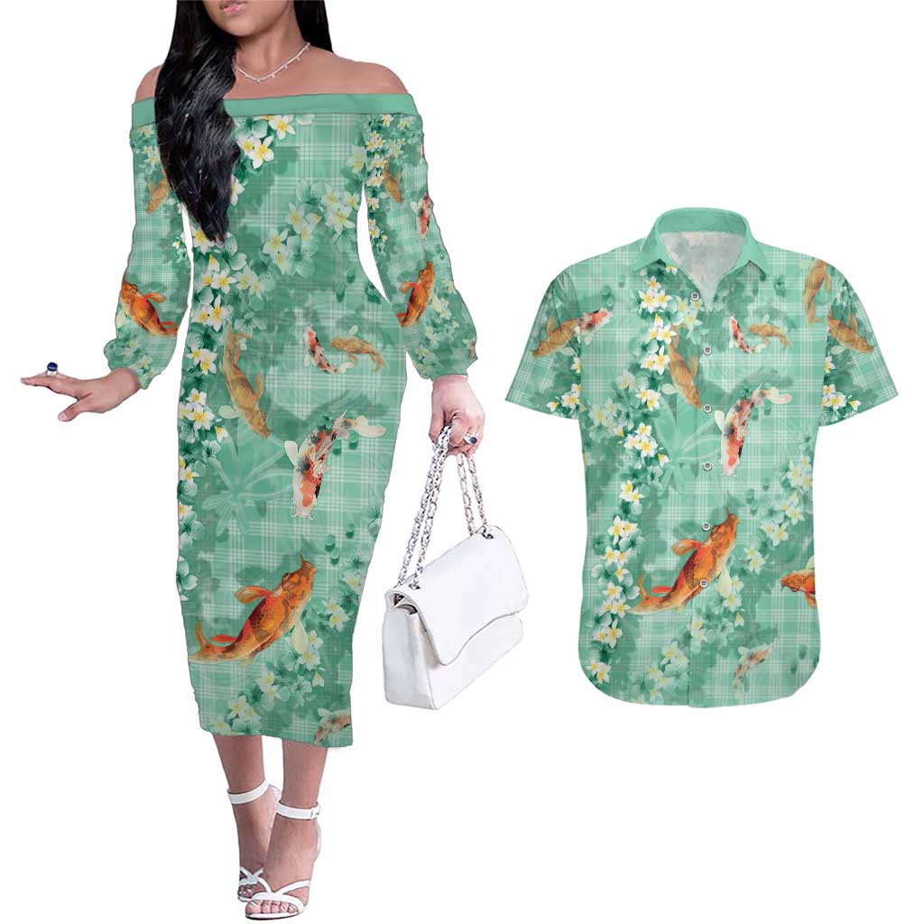 Green Palaka Hawaiian And Japanese Couples Matching Off The Shoulder Long Sleeve Dress and Hawaiian Shirt Sakura Lei With Koi Fish DT05 Green - Polynesian Pride