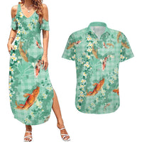 Green Palaka Hawaiian And Japanese Couples Matching Summer Maxi Dress and Hawaiian Shirt Sakura Lei With Koi Fish DT05 Green - Polynesian Pride