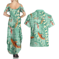 Green Palaka Hawaiian And Japanese Couples Matching Summer Maxi Dress and Hawaiian Shirt Sakura Lei With Koi Fish DT05 - Polynesian Pride