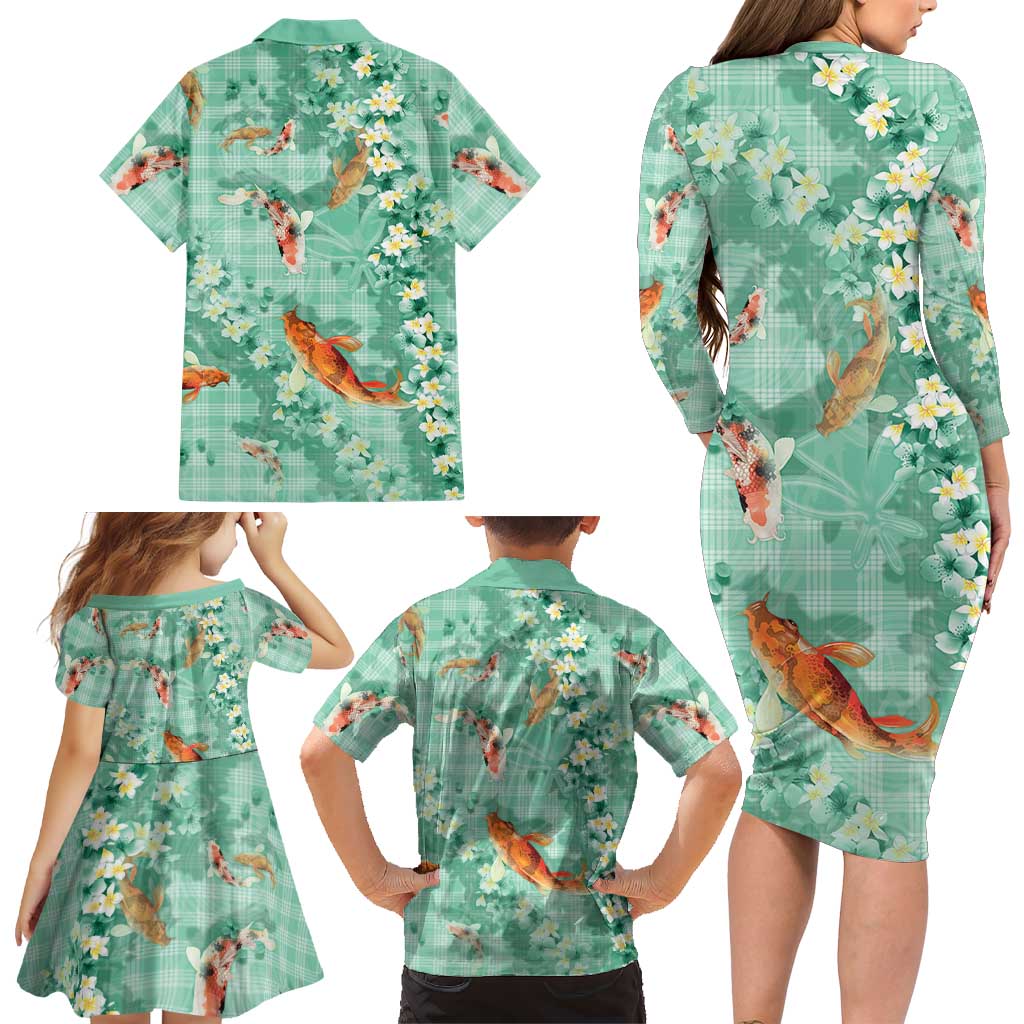 Green Palaka Hawaiian And Japanese Family Matching Long Sleeve Bodycon Dress and Hawaiian Shirt Sakura Lei With Koi Fish DT05 - Polynesian Pride