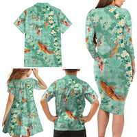 Green Palaka Hawaiian And Japanese Family Matching Long Sleeve Bodycon Dress and Hawaiian Shirt Sakura Lei With Koi Fish DT05 - Polynesian Pride