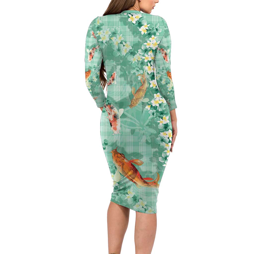 Green Palaka Hawaiian And Japanese Family Matching Long Sleeve Bodycon Dress and Hawaiian Shirt Sakura Lei With Koi Fish DT05 - Polynesian Pride