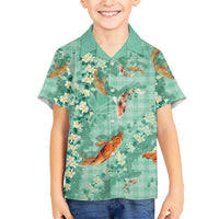 Green Palaka Hawaiian And Japanese Family Matching Long Sleeve Bodycon Dress and Hawaiian Shirt Sakura Lei With Koi Fish DT05 Son's Shirt Green - Polynesian Pride