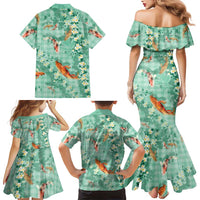Green Palaka Hawaiian And Japanese Family Matching Mermaid Dress and Hawaiian Shirt Sakura Lei With Koi Fish DT05 - Polynesian Pride