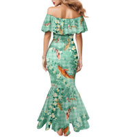 Green Palaka Hawaiian And Japanese Family Matching Mermaid Dress and Hawaiian Shirt Sakura Lei With Koi Fish DT05 - Polynesian Pride
