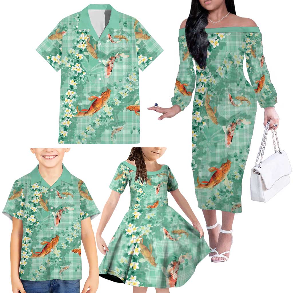 Green Palaka Hawaiian And Japanese Family Matching Off The Shoulder Long Sleeve Dress and Hawaiian Shirt Sakura Lei With Koi Fish - Polynesian Pride