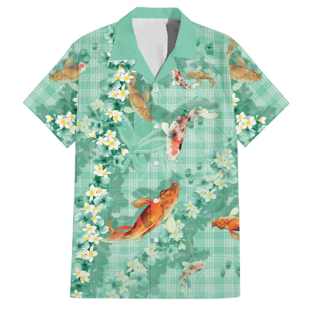 Green Palaka Hawaiian And Japanese Family Matching Off The Shoulder Long Sleeve Dress and Hawaiian Shirt Sakura Lei With Koi Fish DT05 Dad's Shirt - Short Sleeve Green - Polynesian Pride