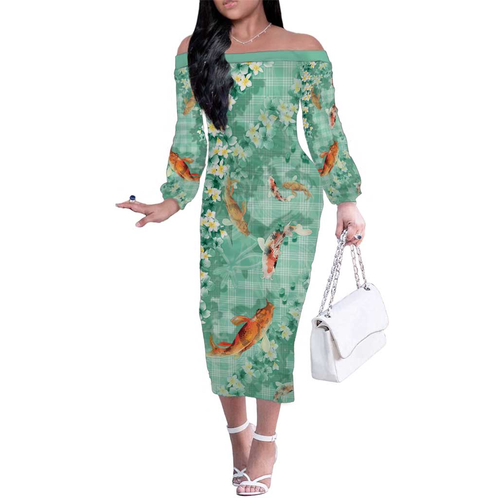 Green Palaka Hawaiian And Japanese Family Matching Off The Shoulder Long Sleeve Dress and Hawaiian Shirt Sakura Lei With Koi Fish DT05 Mom's Dress Green - Polynesian Pride