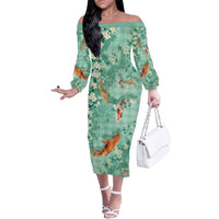 Green Palaka Hawaiian And Japanese Family Matching Off The Shoulder Long Sleeve Dress and Hawaiian Shirt Sakura Lei With Koi Fish DT05 Mom's Dress Green - Polynesian Pride