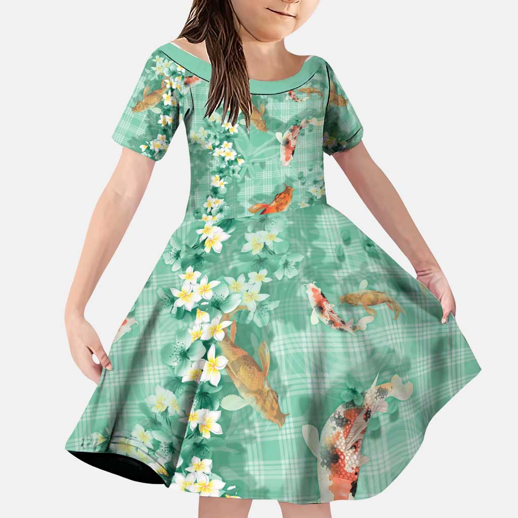Green Palaka Hawaiian And Japanese Family Matching Off Shoulder Maxi Dress and Hawaiian Shirt Sakura Lei With Koi Fish DT05 Daughter's Dress Green - Polynesian Pride