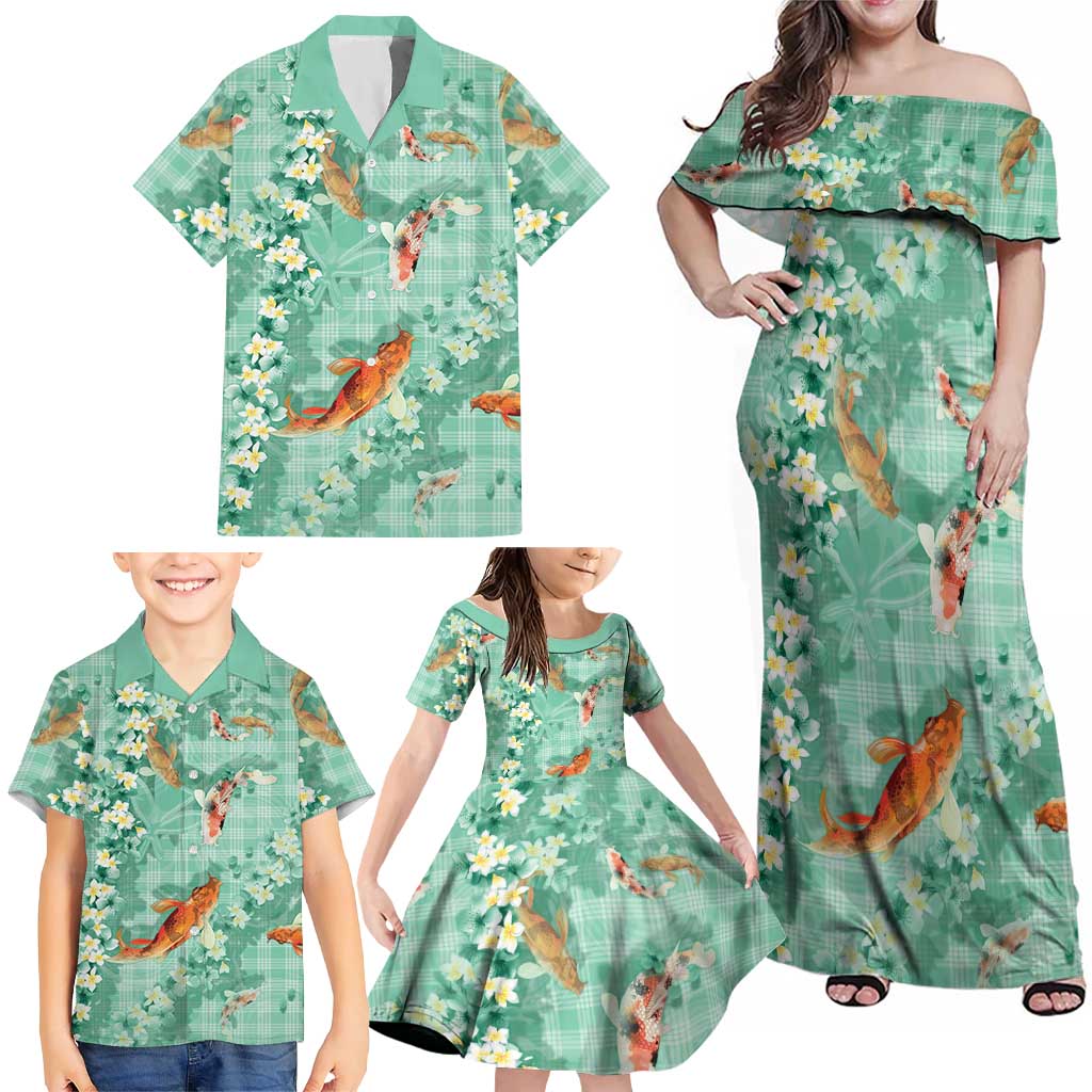 Green Palaka Hawaiian And Japanese Family Matching Off Shoulder Maxi Dress and Hawaiian Shirt Sakura Lei With Koi Fish DT05 - Polynesian Pride