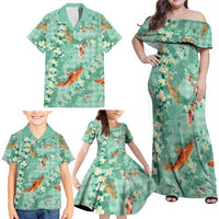 Green Palaka Hawaiian And Japanese Family Matching Off Shoulder Maxi Dress and Hawaiian Shirt Sakura Lei With Koi Fish DT05 - Polynesian Pride