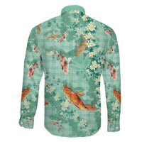 Green Palaka Hawaiian And Japanese Family Matching Off Shoulder Maxi Dress and Hawaiian Shirt Sakura Lei With Koi Fish DT05 - Polynesian Pride