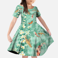 Green Palaka Hawaiian And Japanese Family Matching Off Shoulder Short Dress and Hawaiian Shirt Sakura Lei With Koi Fish DT05 Daughter's Dress Green - Polynesian Pride