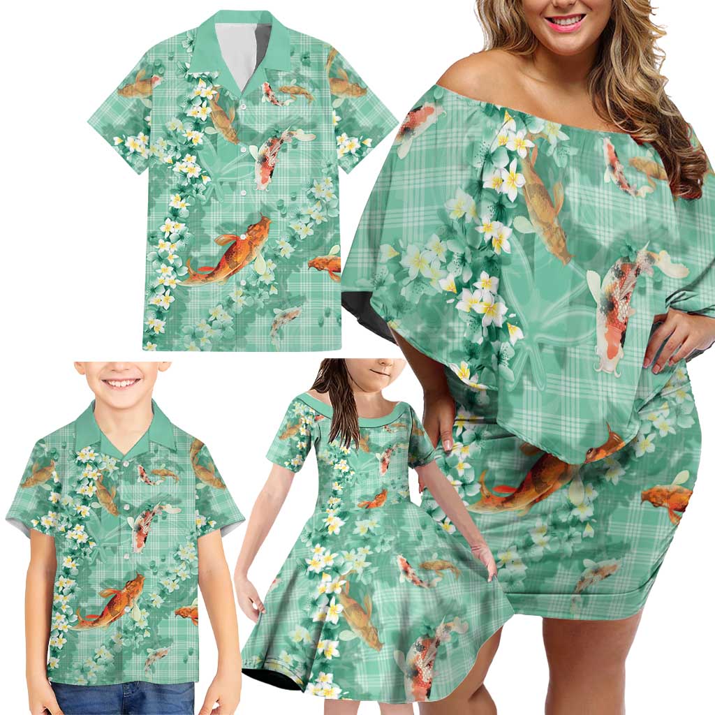 Green Palaka Hawaiian And Japanese Family Matching Off Shoulder Short Dress and Hawaiian Shirt Sakura Lei With Koi Fish - Polynesian Pride