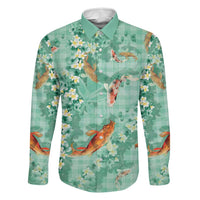 Green Palaka Hawaiian And Japanese Family Matching Off Shoulder Short Dress and Hawaiian Shirt Sakura Lei With Koi Fish DT05 Dad's Shirt - Long Sleeve Green - Polynesian Pride