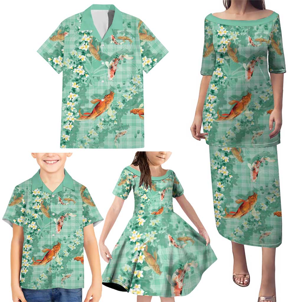 Green Palaka Hawaiian And Japanese Family Matching Puletasi and Hawaiian Shirt Sakura Lei With Koi Fish - Polynesian Pride