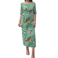 Green Palaka Hawaiian And Japanese Family Matching Puletasi and Hawaiian Shirt Sakura Lei With Koi Fish DT05 Mom's Dress Green - Polynesian Pride