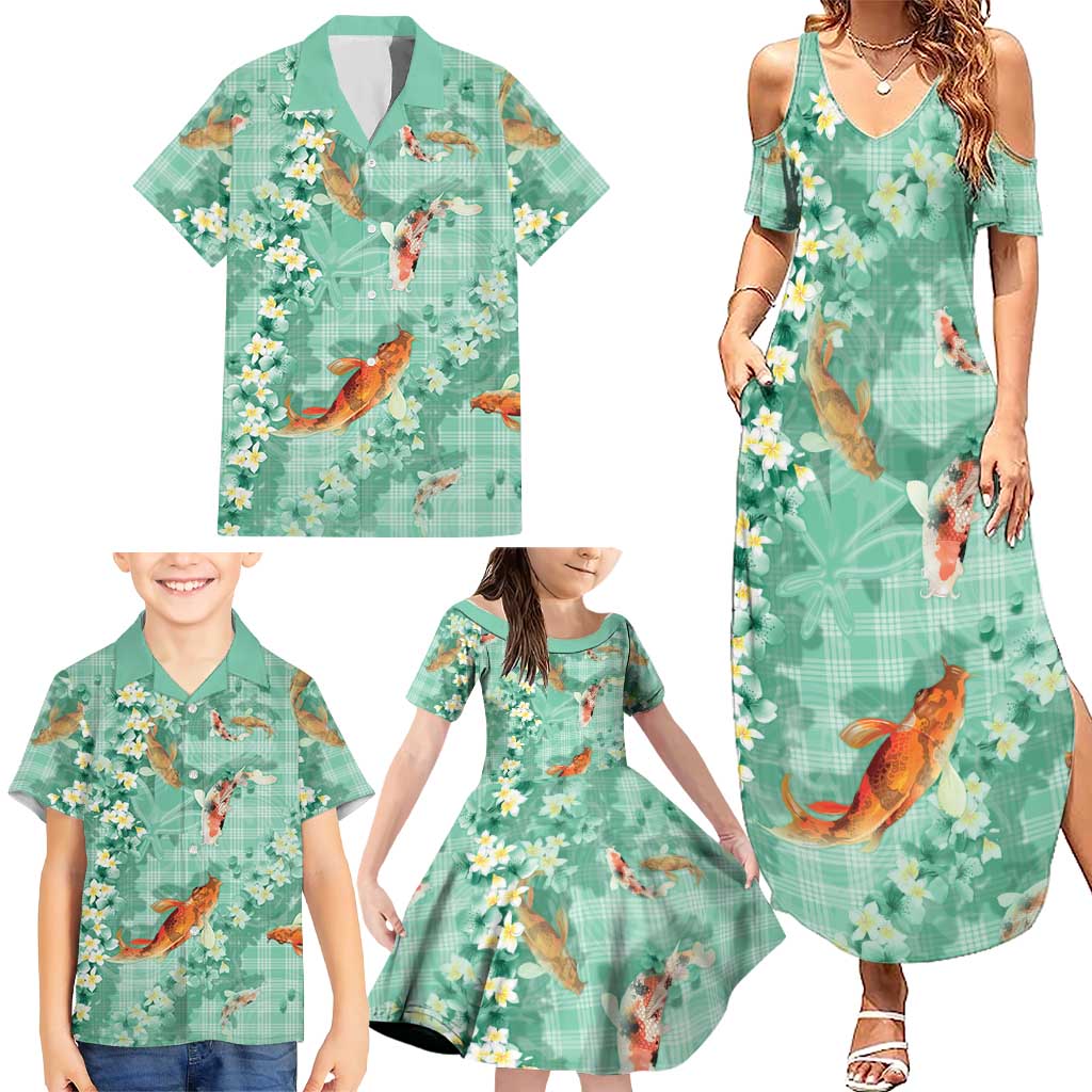 Green Palaka Hawaiian And Japanese Family Matching Summer Maxi Dress and Hawaiian Shirt Sakura Lei With Koi Fish - Polynesian Pride
