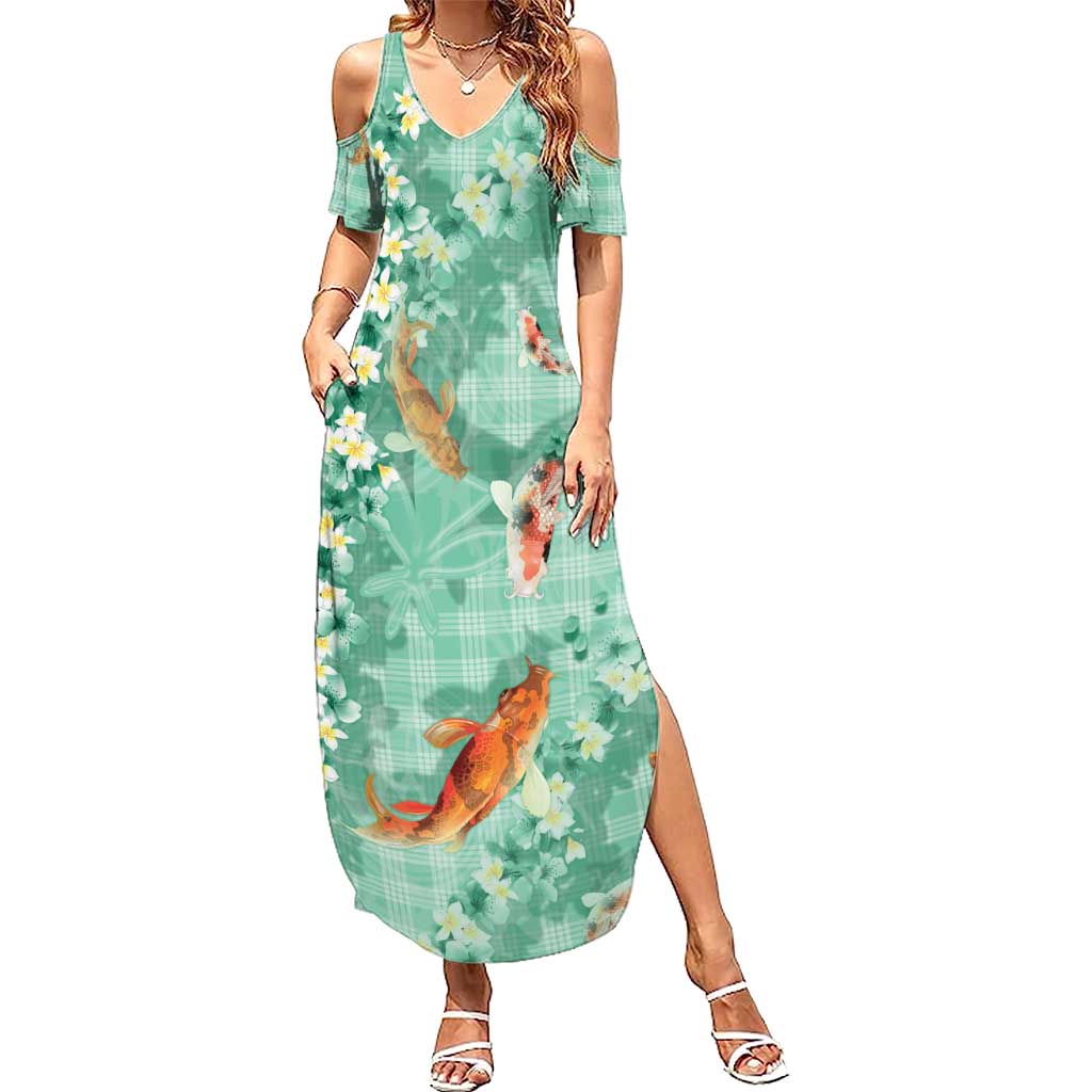 Green Palaka Hawaiian And Japanese Family Matching Summer Maxi Dress and Hawaiian Shirt Sakura Lei With Koi Fish DT05 Mom's Dress Green - Polynesian Pride