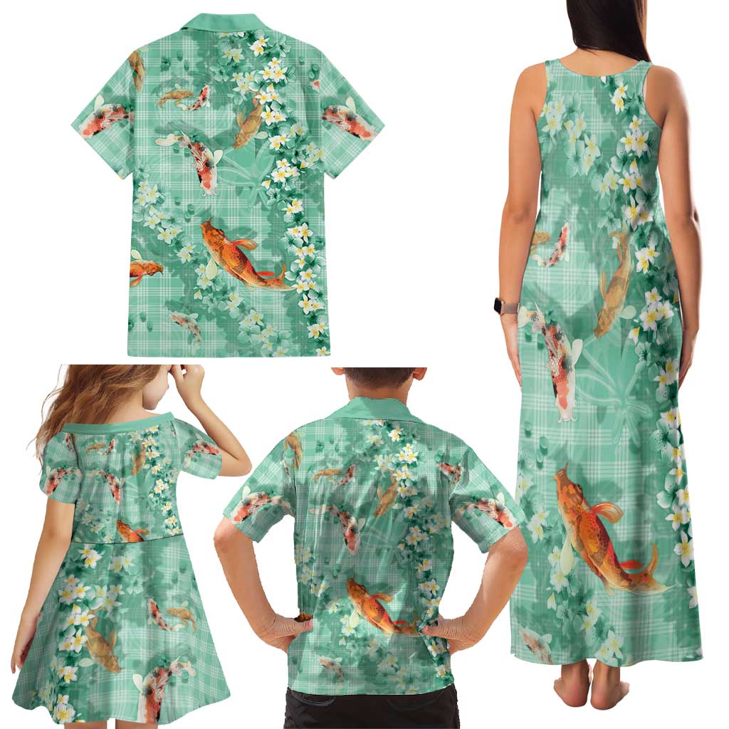Green Palaka Hawaiian And Japanese Family Matching Tank Maxi Dress and Hawaiian Shirt Sakura Lei With Koi Fish DT05 - Polynesian Pride