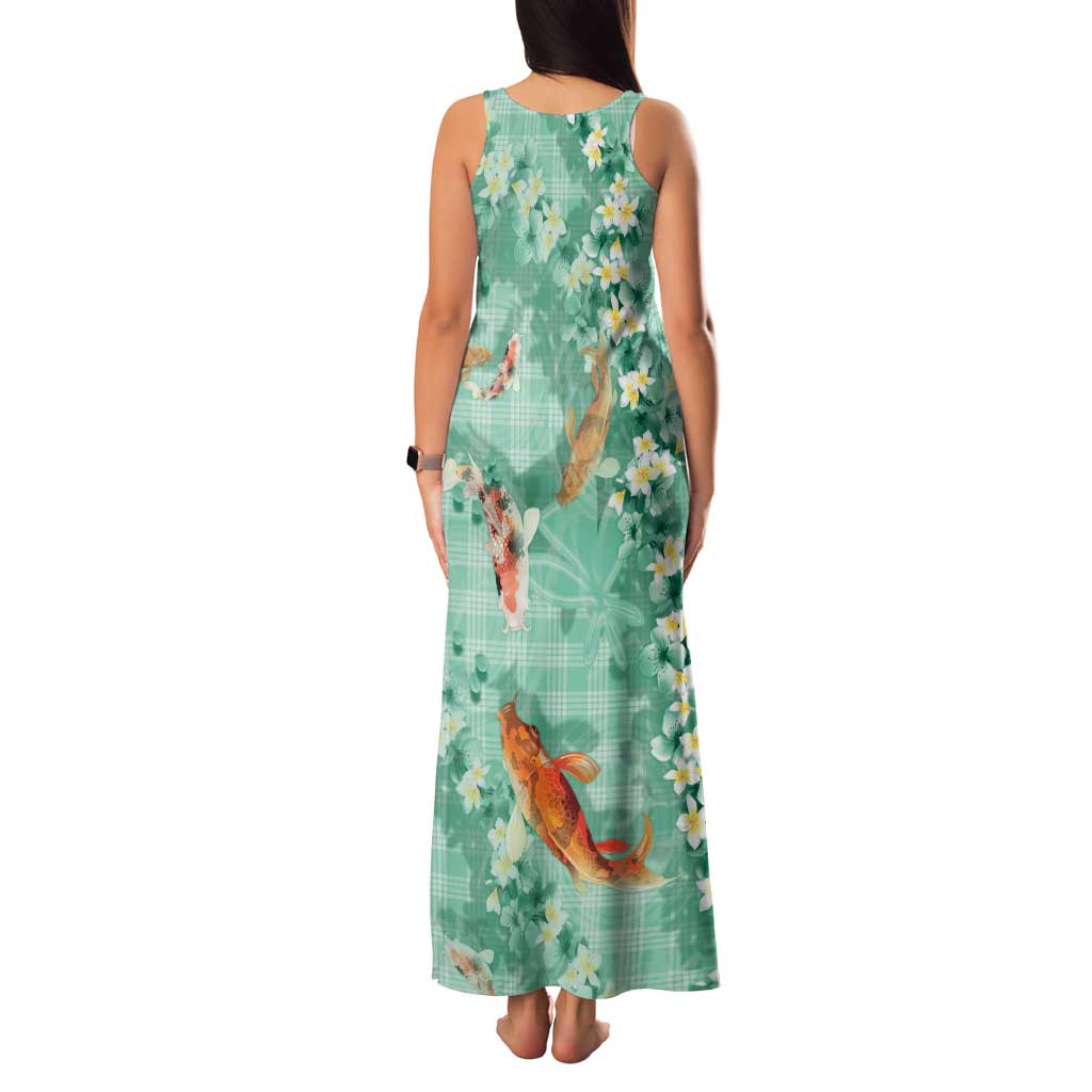 Green Palaka Hawaiian And Japanese Family Matching Tank Maxi Dress and Hawaiian Shirt Sakura Lei With Koi Fish DT05 - Polynesian Pride