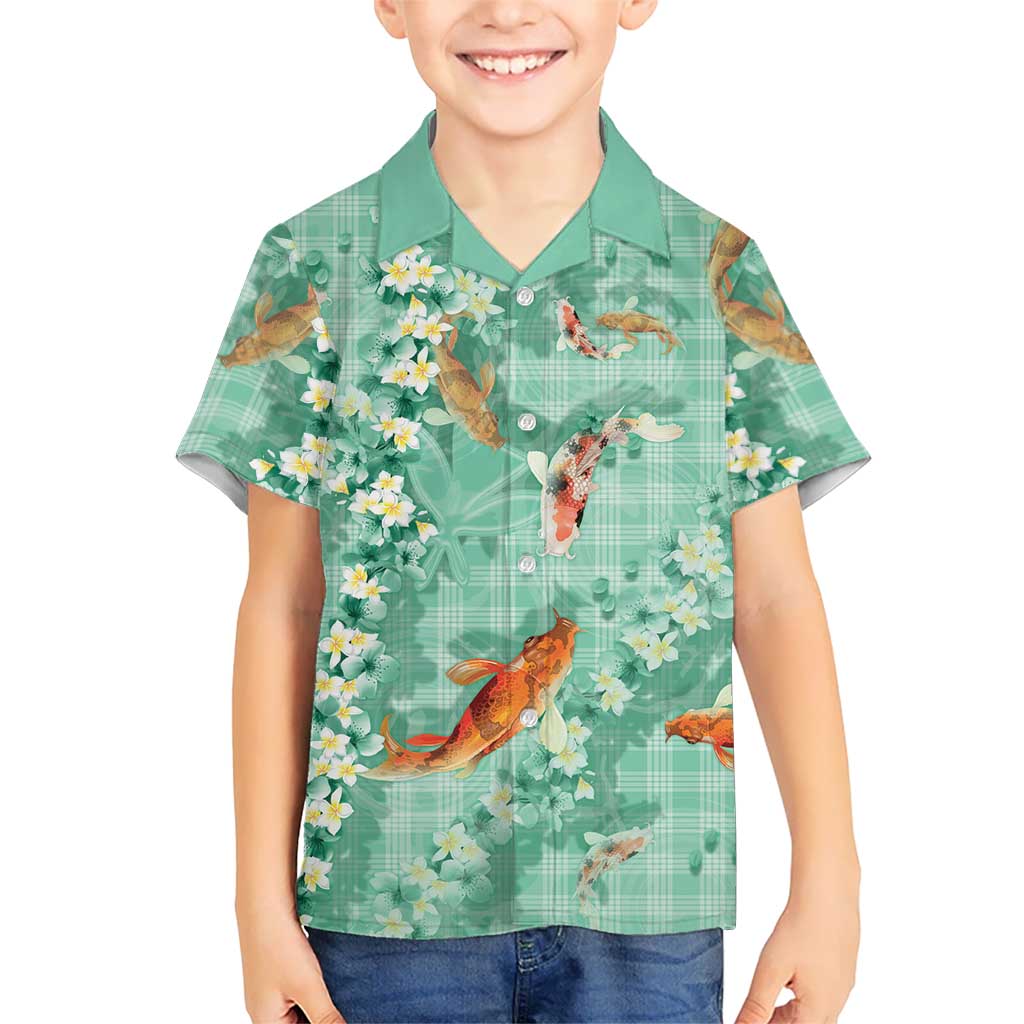 Green Palaka Hawaiian And Japanese Hawaiian Shirt Sakura Lei With Koi Fish - Polynesian Pride