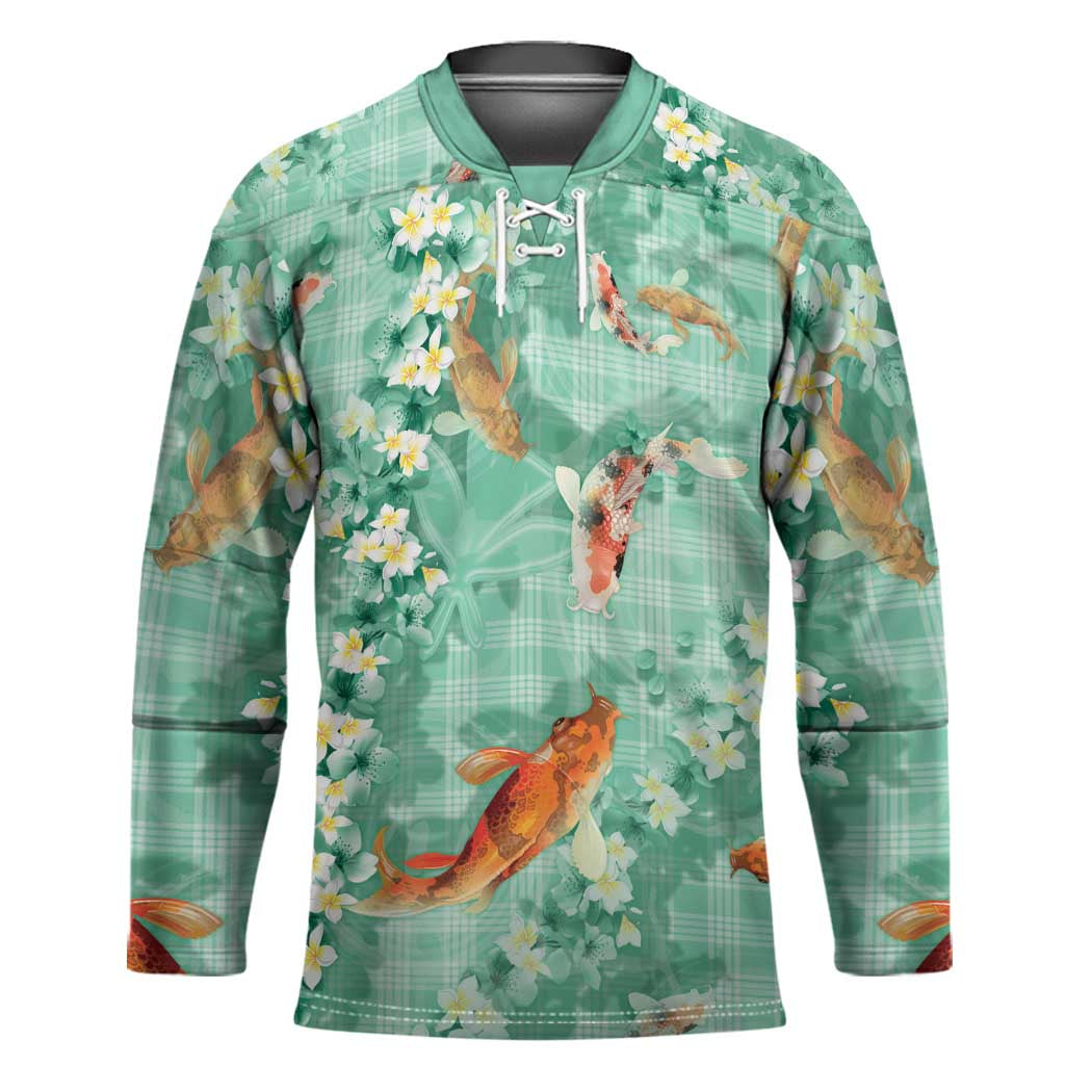Green Palaka Hawaiian And Japanese Hockey Jersey Sakura Lei With Koi Fish - Polynesian Pride