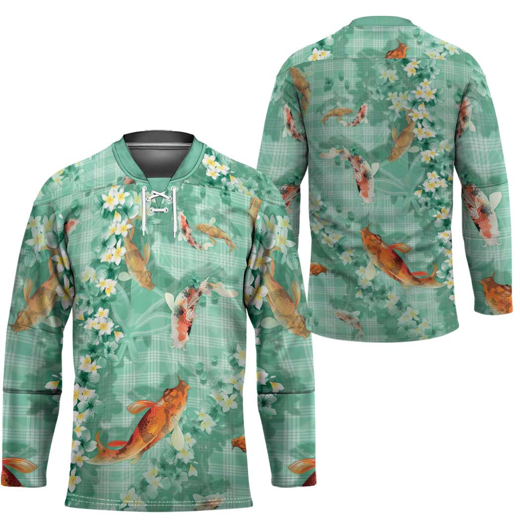 Green Palaka Hawaiian And Japanese Hockey Jersey Sakura Lei With Koi Fish - Polynesian Pride