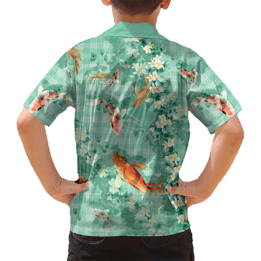 Green Palaka Hawaiian And Japanese Kid Hawaiian Shirt Sakura Lei With Koi Fish - Polynesian Pride
