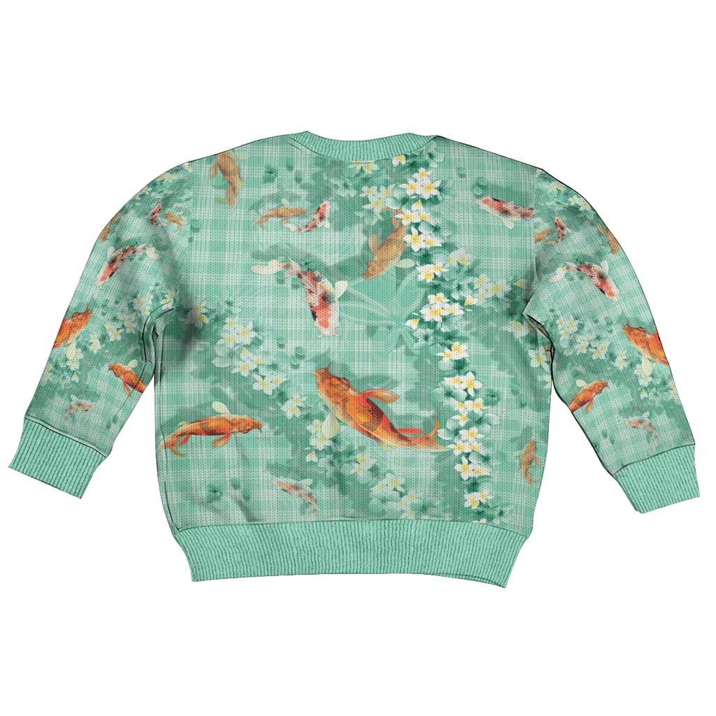 Green Palaka Hawaiian And Japanese Kid Ugly Christmas Sweater Sakura Lei With Koi Fish - Polynesian Pride
