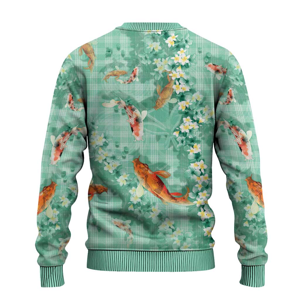 Green Palaka Hawaiian And Japanese Ugly Christmas Sweater Sakura Lei With Koi Fish - Polynesian Pride