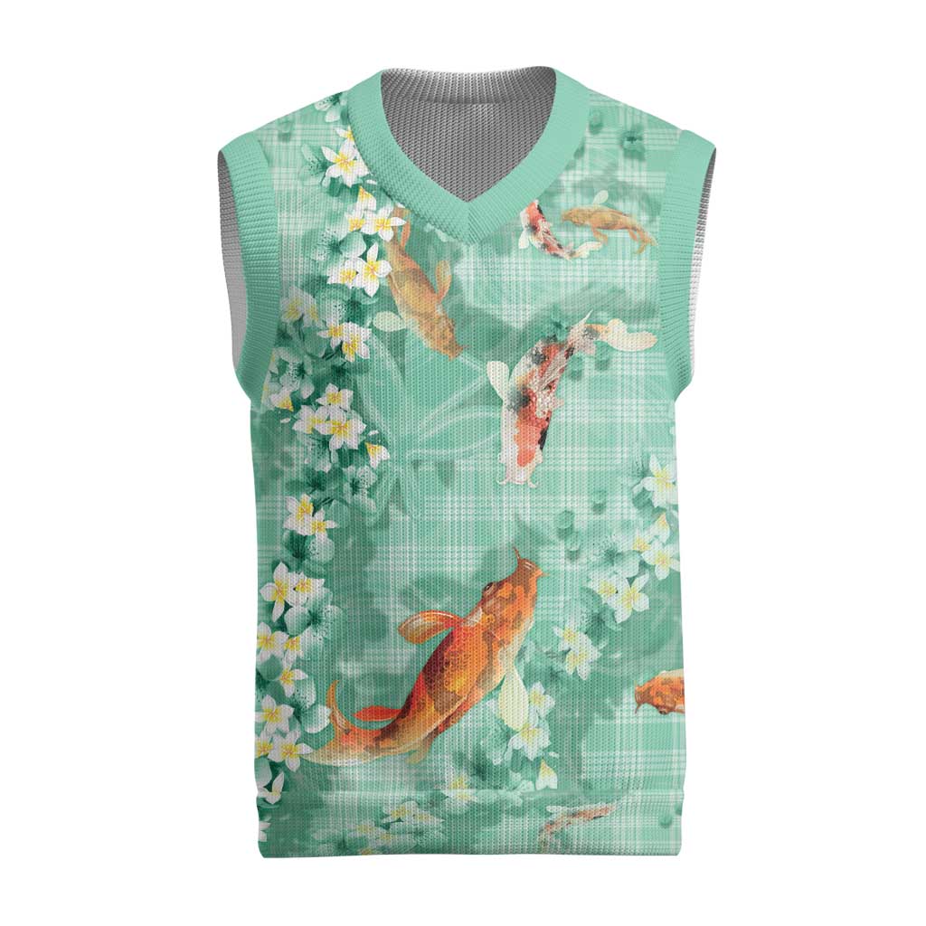 Green Palaka Hawaiian And Japanese Christmas Knitted V-Neck Vest Sakura Lei With Koi Fish - Polynesian Pride