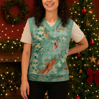 Green Palaka Hawaiian And Japanese Christmas Knitted V-Neck Vest Sakura Lei With Koi Fish - Polynesian Pride
