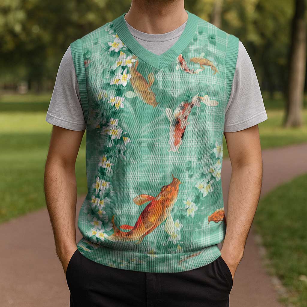 Green Palaka Hawaiian And Japanese Christmas Knitted V-Neck Vest Sakura Lei With Koi Fish - Polynesian Pride