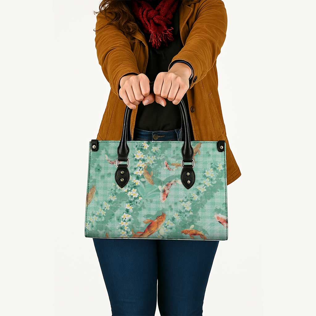 Green Palaka Hawaiian And Japanese Leather Bag Sakura Lei With Koi Fish - Polynesian Pride