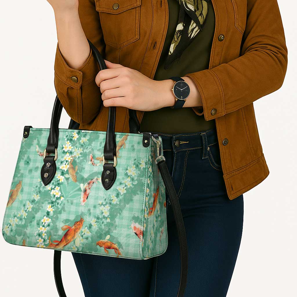 Green Palaka Hawaiian And Japanese Leather Bag Sakura Lei With Koi Fish - Polynesian Pride
