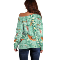 Green Palaka Hawaiian And Japanese Off Shoulder Sweater Sakura Lei With Koi Fish - Polynesian Pride
