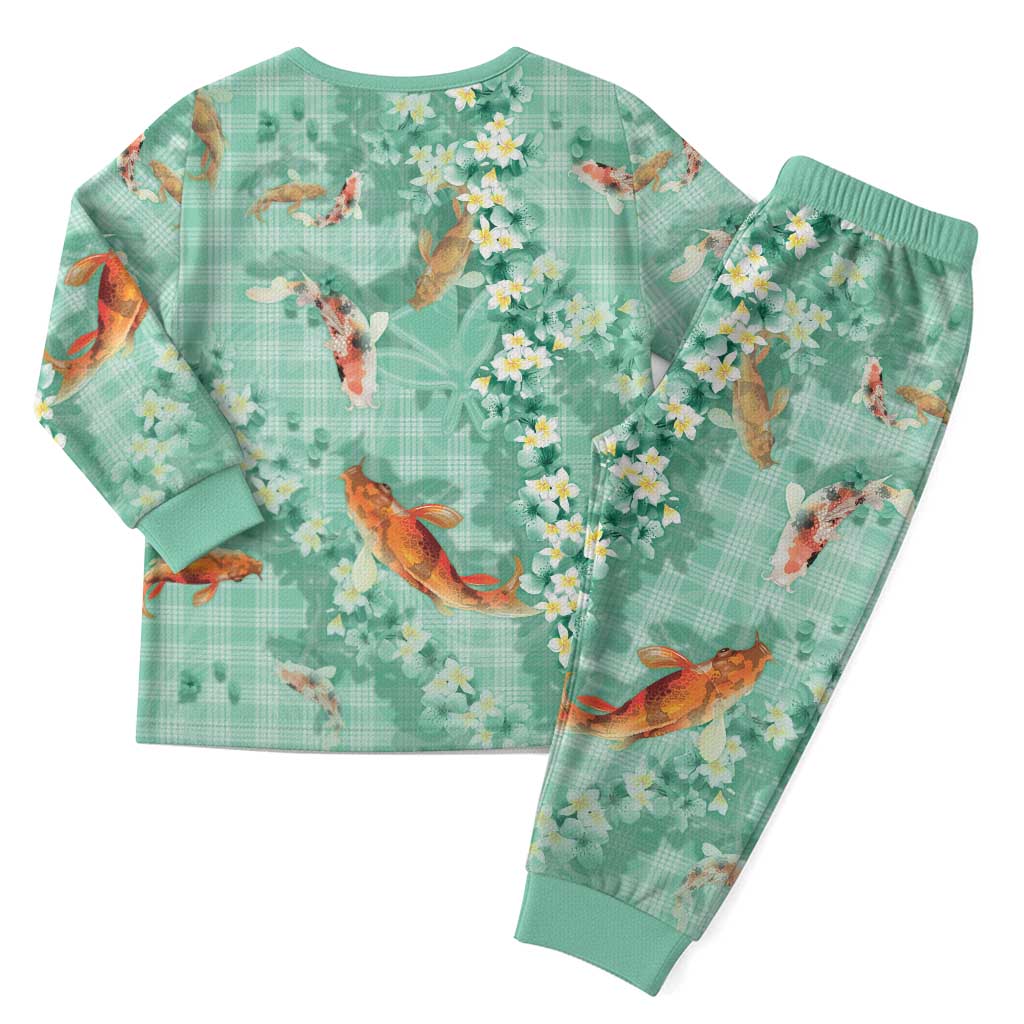 Green Palaka Hawaiian And Japanese Christmas Pajama Set Sakura Lei With Koi Fish - Polynesian Pride
