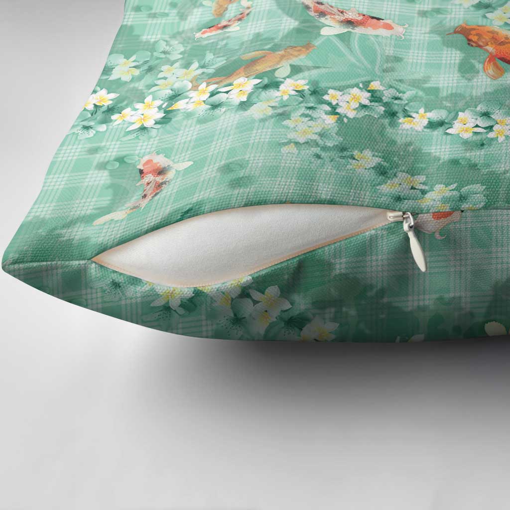 Green Palaka Hawaiian And Japanese Pillow Cover Sakura Lei With Koi Fish - Polynesian Pride