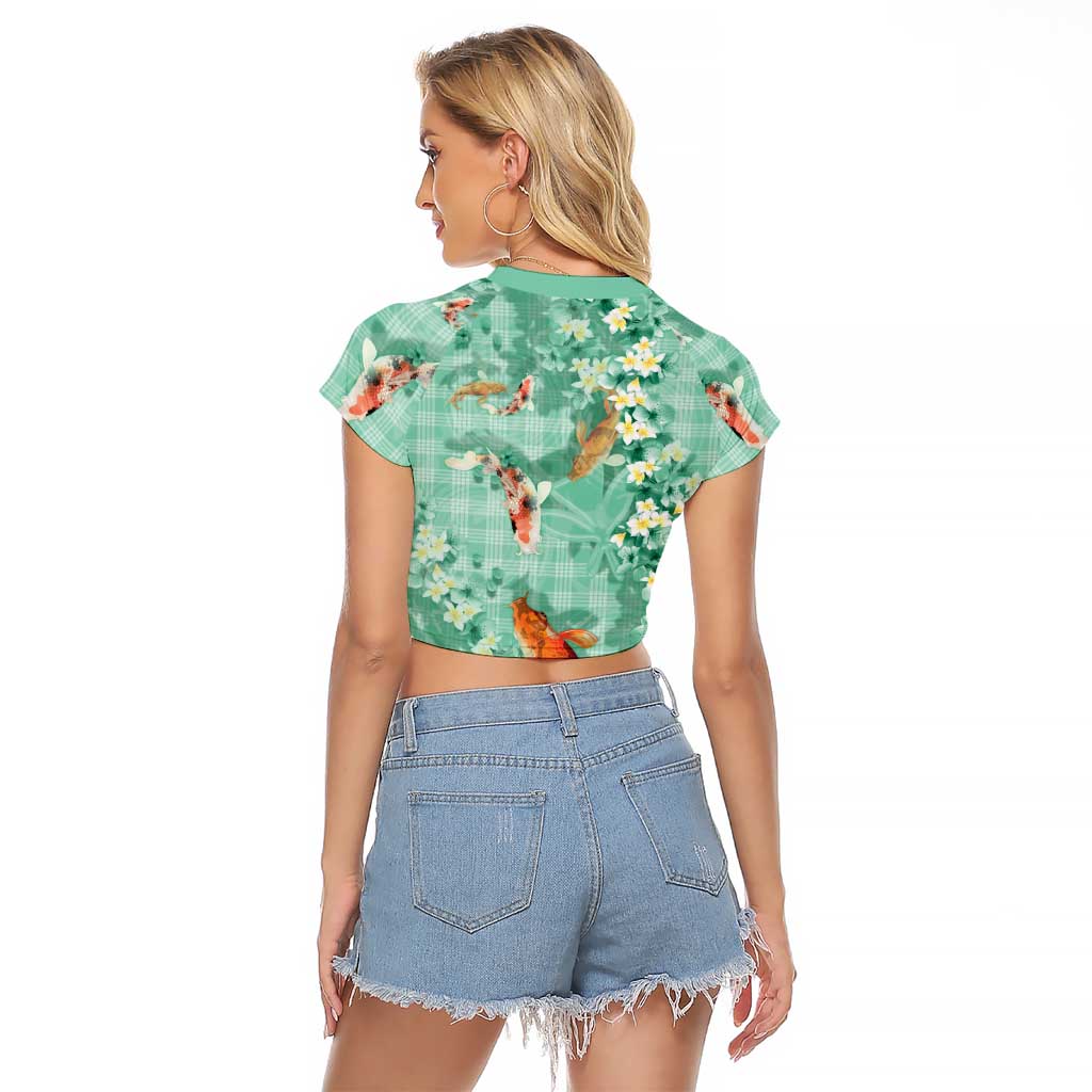 Green Palaka Hawaiian And Japanese Raglan Cropped T Shirt Sakura Lei With Koi Fish - Polynesian Pride