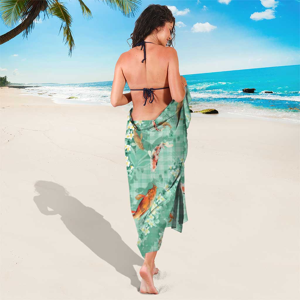 Green Palaka Hawaiian And Japanese Sarong Sakura Lei With Koi Fish - Polynesian Pride