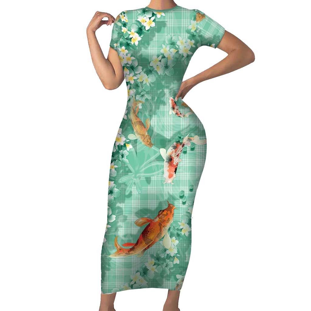 Green Palaka Hawaiian And Japanese Short Sleeve Bodycon Dress Sakura Lei With Koi Fish - Polynesian Pride